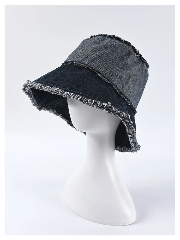 New Unisex Casual Washed Denim Tassel Bucket Hats Fashion Patchwork Fisherman hats Couple UV Sun Cap Wholesale