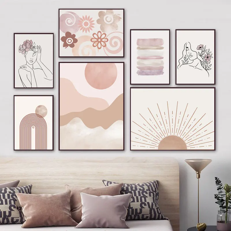 

Mid Century Flower Girl Face Line Abstract Wall Art Neutral Colors Canvas Painting SunsetWall Picture Posters Prints Boho Decor