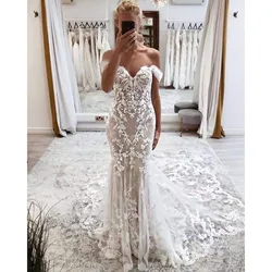 White Wedding Dress Appliques Sweetheart Short Sleeve Tight Sweep Train Mermaid For Women Bridal Gowns Vestido De Noiva