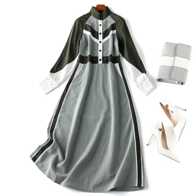 Модное платье с мозаикой осень 2019 однобортное трапециевидной формы со стоячим