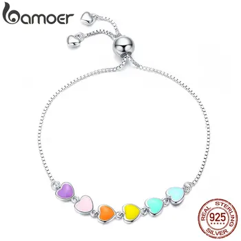 bamoer Rainbow Color Enamel Heart Bracelet for Women Heart-shape 925 Sterling Silver Chain Bracelet Anti-allergy Jewelry SCB158