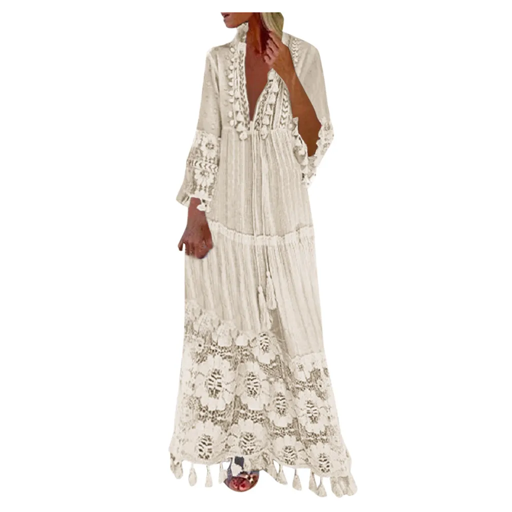 Женское богемное платье размера плюс,, Осеннее кружевное платье с кисточками большого размера, белое платье, сексуальное однотонное длинное платье с v-образным вырезом, женское платье