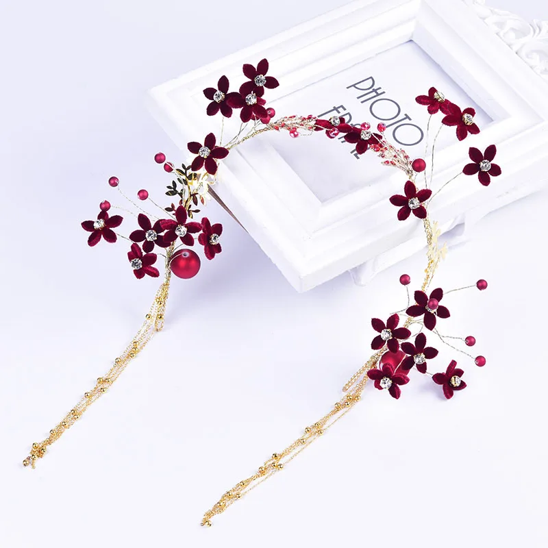 

Golden Tassel Headband Hair Jewelry Burgundy Fabric Flower Headpiece Bridal Wedding Engagement Headdress Fashion Handmade