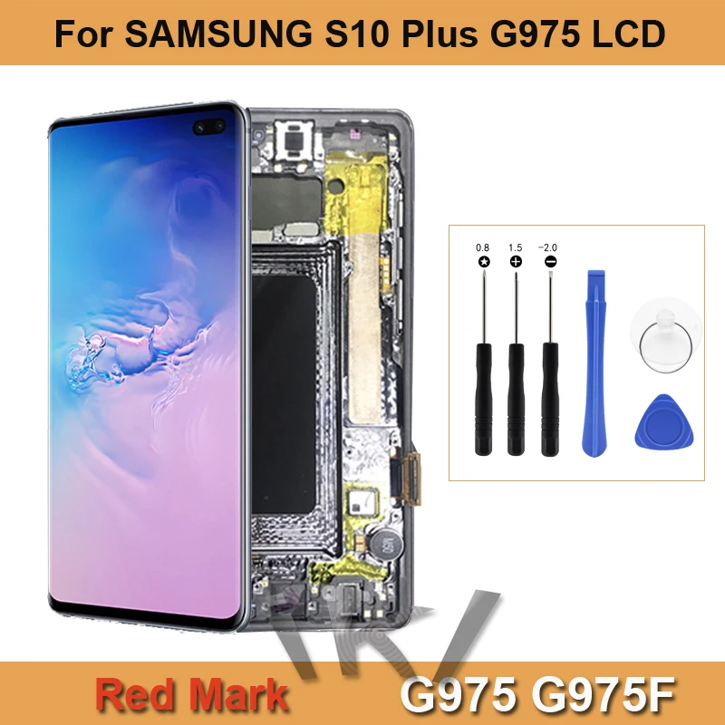 Usato Display Lcd Da 6.4 "Red Burn Shadow Con Cornice Per Samsung Galaxy S10 Plus Lcd G975 G975F Sostituzione Gruppo Digitalizzatore Schermo