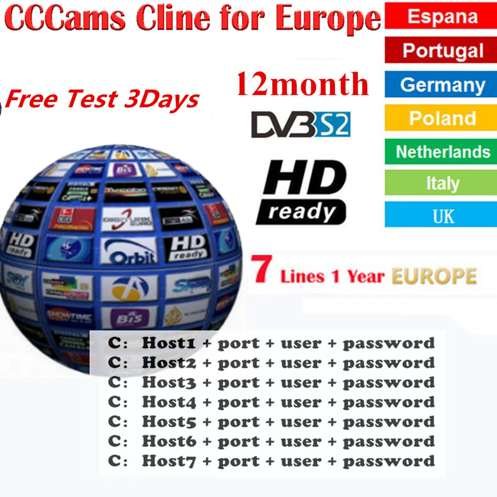 

HD cccam 7 Cline for 1 year Europe Free Satellite ccam Account Italy/Spain/French/Germany 1year TV 7 lines Cccam