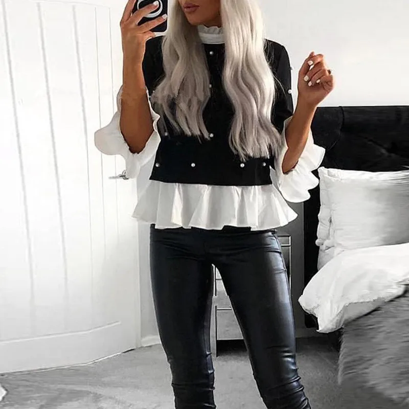 

Women Long Sleeve O Neck Ruffles Tops Shirt Lady Spring Flare Casual Blouse Outfits