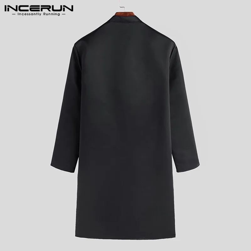 INCERUN, мужская рубашка, элегантная, длинный рукав, стоячий воротник, сплошной цвет,, винтажные топы, на пуговицах, для фитнеса, Ретро стиль, длинные рубашки для мужчин