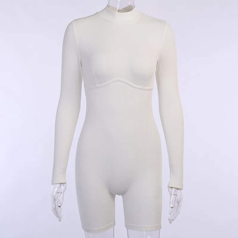 Summer Long Sleeve White Playsuit Women Ribbed Short Jumpsuit Fashion Bodycon Romper Fitness Sportswear Overalls Slim Outfits