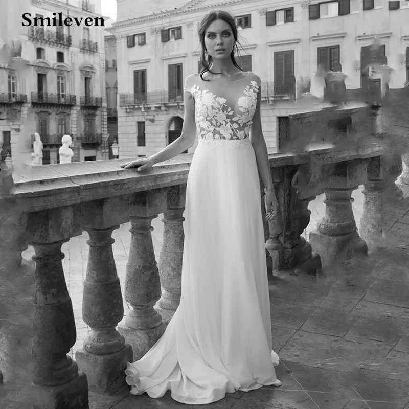 

LORIE Boho A Line Wedding Dress 2020 Cap Sleeve See Through Neck Appliqued Lace Chiffon Bride Dress Long Vestido De Noiva