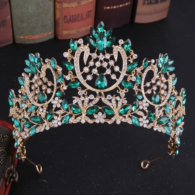 Gold Green Европейский барокко сверкающий кристалл большая свадебная тиара Корона Стразы диадема Couronne De Mariage свадебные аксессуары для волос - Окраска металла: Gold Green