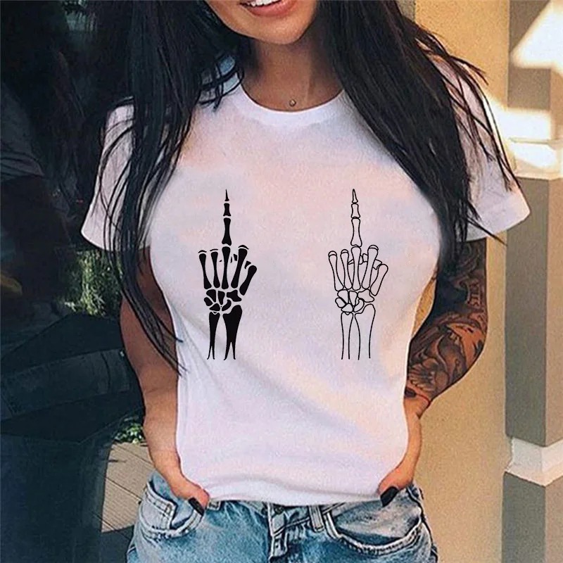 Summer New Fashion Middle Finger Chest  Graphic Printed  Round Neck  T Shirt  Casual Simple Women Tee Tops off white t shirt