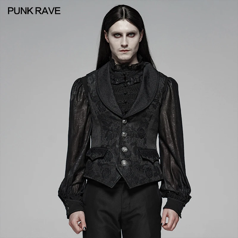 

PUNK RAVE Men's Gothic Victoria Jacquard Short Vest Party Club Stage Performance Metal Buckle Embellishment Men Hip Hop Vest