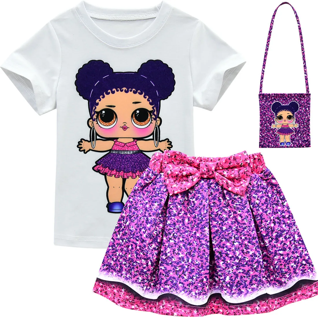 Новинка года; Детский костюм ярких цветов с юбкой; плиссированная юбка с короткими рукавами и рисунком для девочек; комплект из 3 предметов с бантом