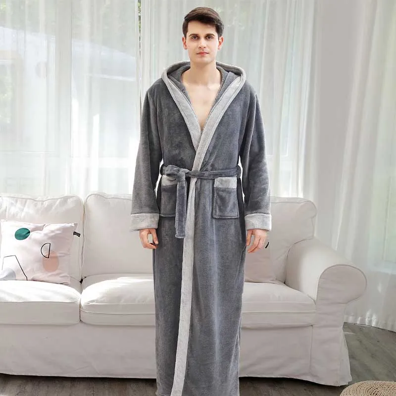 men gray Фланелевый ночной халат с капюшоном, унисекс, зимний утепленный халат, длинный, более размера, для влюбленных пар, ночной халат с поясом, Мужская Ночная рубашка - Цвет: men gray