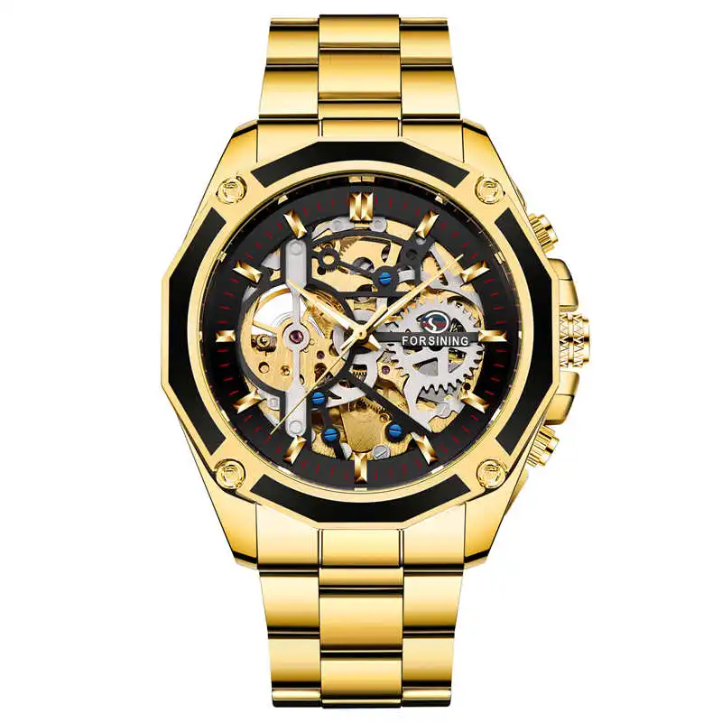 Мужские часы FORSINING, автоматические механические часы со скелетом, чехол, механизм, нержавеющая сталь, военные спортивные мужские часы, Relogio Masculino - Цвет: gold black