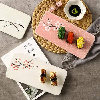 

10 Inch Rectangle Japanese Handpainting Plum Ceramic Plate Snowflake Glaze Porcelain Dishes Plate Floral Sushi Snack Steak Tray