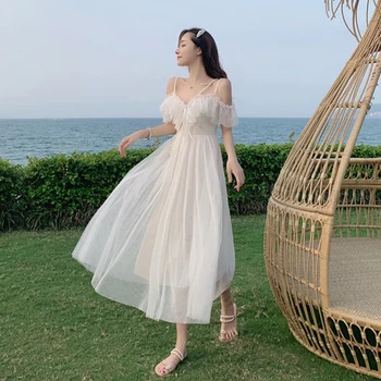 

Woman A-line Dress Off Shoulder Butterfly Sleeve Slash Neck Sexy Summer Dress 2020 French Style Solid Bow Ruffles Mesh Dresses