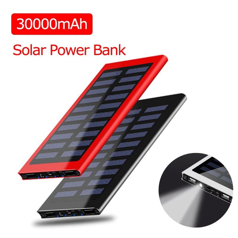 

30000mAh Solar Power Bank Portable Waterproof Battery Powerbank Fast Charging External Battery LED for All Smart Phone Iphone