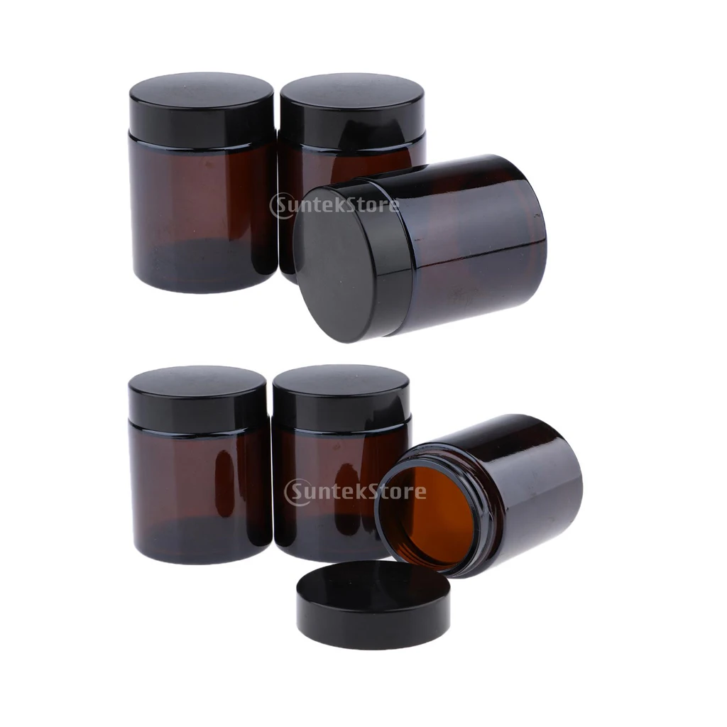 6Pcs Brown Glass Refillable Cosmetic Jars Empty Face Cream Lip Balm Storage Container Pot Bottle with Black Lids (100ml)