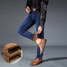 Модные Классические мужские джинсы, черные, синие, облегающие, толстый бархат, повседневные, деловые, эластичные мужские джинсы, зимние, теплые джинсы, большие размеры 28-40