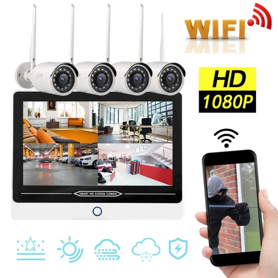 12.5in LCD Monitor 4CH Wifi NVR 1080P Wireless Security Camera System for Onvif 100-240V Wireless Camera