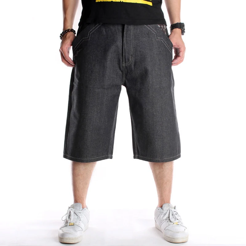 Summer Plus Size 30-46 Wide Leg Hip-Hop Black Jeans Shorts Male Skateboard Swag Baggy Men Capri Denim Pants 2