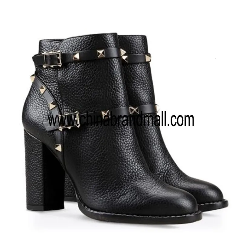 

Black Rivet Ankle Boots For Women Thick High Heel Fashion Short Boots Ankle Strap Studded Spikes Shoes Woman bota feminina