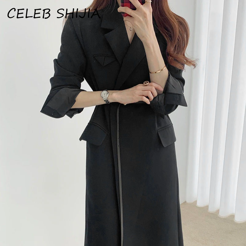 SHIJIA New Elegant Long Trench Woman jacket autumn turn-down collar khaki solid full sleeve sashes coat female winter 2020