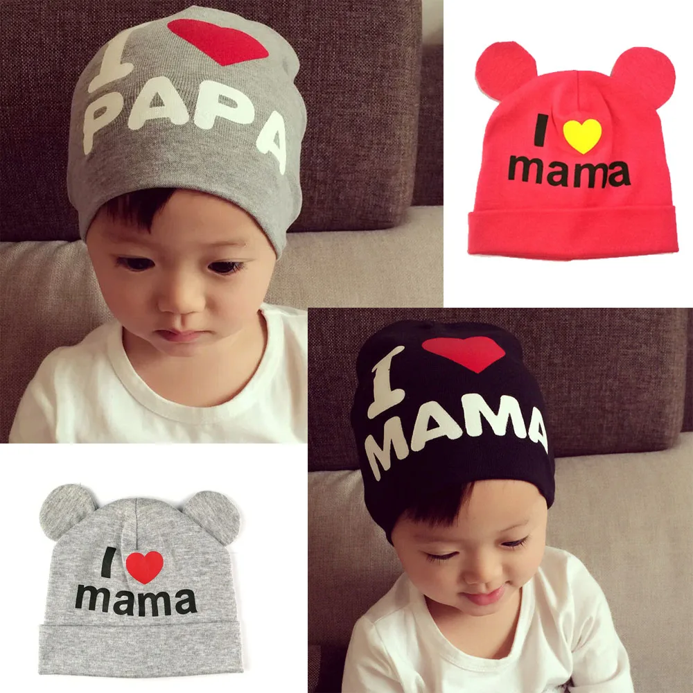 Cute Ear Baby Hat Newborn Boys Girls Cotton Skullies Beanie Soft Spring Kids I Love Mama Papa Printed Caps | Детская одежда и