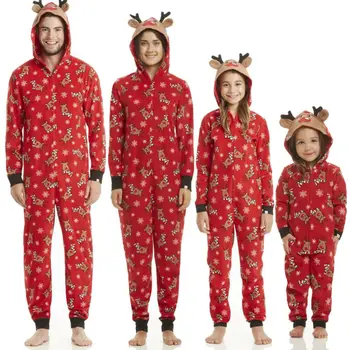 

Xmas Kids Adult Family Matching Christmas Pajamas Pjs Set Sleepwear Hooded Reindeer Print Jumpsuit Nightwear Pajamas Gifts