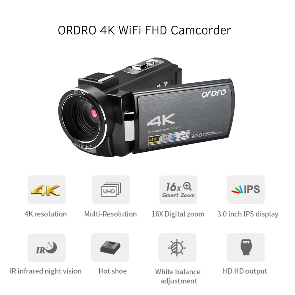 ORDRO HDV-AE8 4K WiFi цифровая видеокамера с 2 шт. аккумуляторные батареи+ дополнительный 0.39X широкоугольный объектив