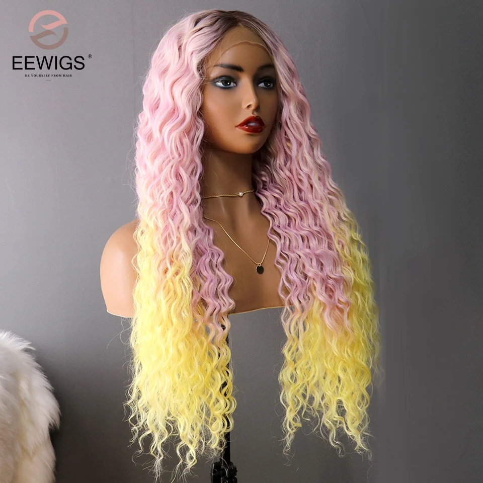 EEWIGS 180 плотность кудрявый парик термостойкие волосы синтетический парик фронта шнурка 3 тона цвет розовый до желтый Ombre парики для черных женщин