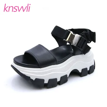 

Thick Sole Sandals Women Metal Buckle Casual Shoes Woman Genuine Leather Sneakers One Strap Height Increasing Platform Sandals