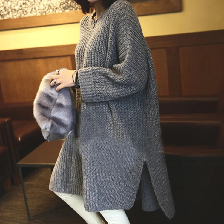 Europen Women Autumn Winter Long Pull Sweaters O neck Side Split Oversize Knitted Sweater Pullovers Fall Thick Sweaters