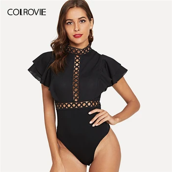 

COLROVIE Black Lace Insert Layered Ruffle Bodysuit Women Flounce Sleeve Skinny Bodysuit 2019 Summer Stand Collar Sexy Bodysuits