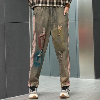 

Women jeans Color printing Hole Washed Wash Stonewashed Ankle-Length Pants Harem pants female A81Z40