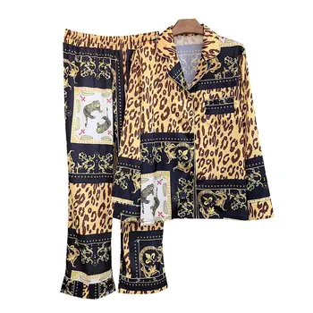 

2020 Spring New Women Pajamas Ice Silk Long Sleeve Suit Thin Section Leopard Fashion Pajama Set