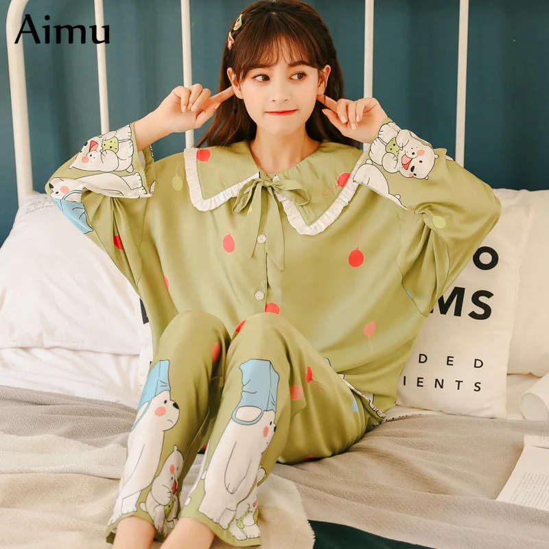 

korean kawaii Silk Pajamas set for Women Spring Summer cartoon printed Sleepwear Doll Collar Cute Shrink Pant long sleeve pijama
