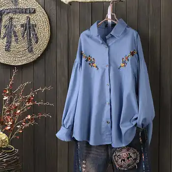 

ZANZEA Spring Long Sleeve Tunic Tops Women Casual Denim Blue Shirts Fashion Floral Embroidery Blouse Blusas Female Chemise M-5XL