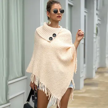 

2020 Autumn Knitted Sweater Poncho Women Tassel Poncho Capes Women Winter Long Sweater Ladies Batwing Button Scarf Pullover