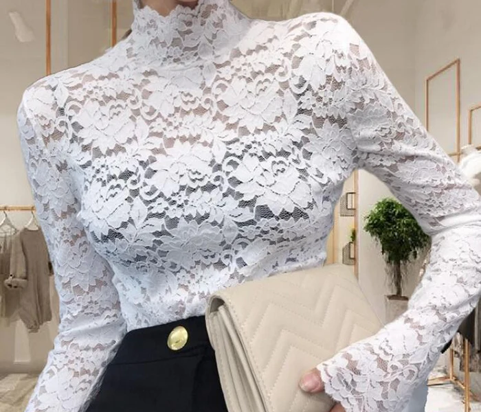 white Элегантная Кружевная блуза с высоким воротом, рубашка, сексуальная, открытая, с вышивкой, женская блузка, с длинным рукавом, весна-лето, топы для женщин - Цвет: white