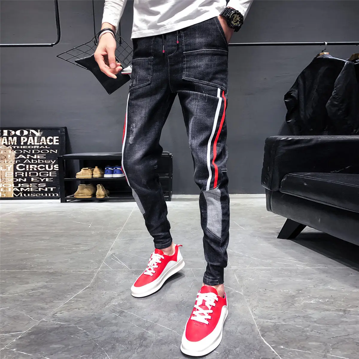 pants men's autumn and winter jeans small leg pants men's slim casual Leggings trend Korean version