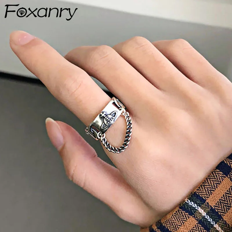 Foxanry-anillos de plata de ley 925 para mujer, cadena creativa de moda, borla, Planeta, Vintage, Punk, joyería para fiesta, regalos