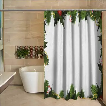 

New Year Precision Custom Shower Curtain Frame Style Garland Pattern Mistletoes Candy Canes and Chain on Fir Tree Motif Modern