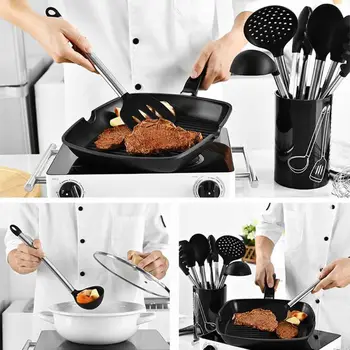 

9pcs Silicone Kitchen Utensils Set Stainless Steel Handle Spatula Spoon Egg Beater Holder Cooking Tools