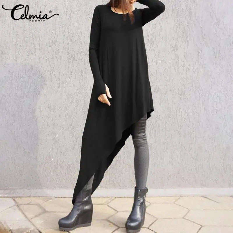 Blouses Asymmetric-Tops Celmia Knitted Plus-Size 5XL Long-Shirts Blusas Vintage Casual