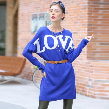 

2020 Spring Autumn Casual Dress Love Print Women Sweater Dresses Chic Female Long Sleeve A-Line Knitted Pullover Dress Plus Size