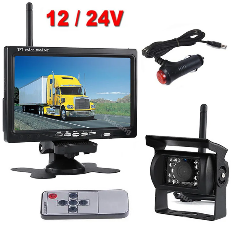 Car Charger for 12V-24V Truck RV Trailer Camper Bus Waterproof Night Vision Wireless Rear View Camera 7 Inch HD TFT LCD Monitor Parking System Wireless Car Backup Camera and Monitor Kit