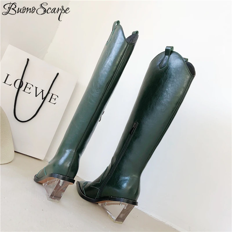 Buono Scarpe/Сапоги до колена из натуральной кожи; женская обувь на танкетке с острым носком; женские высокие сапоги в западном стиле на прозрачном каблуке; Botas Fenimina