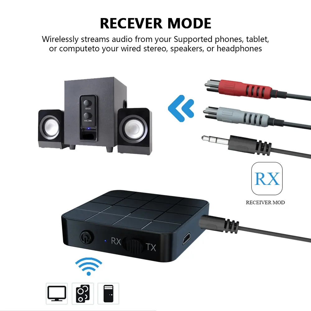 Bluetooth 5.0 2-in-1 Audio Transmitter Receiver TV Computer Speaker Car Adapter Stereo Wireless Audio 3.5mm AUX Jack RCA Adapter